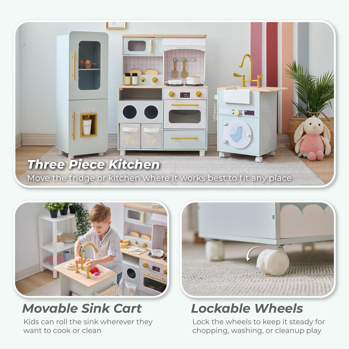 KINDERKUCHE 3-teilige modulare Holz, 89cm, Grun - Grün, Holzwerkstoff (142/28/89cm) - Teamson Kids