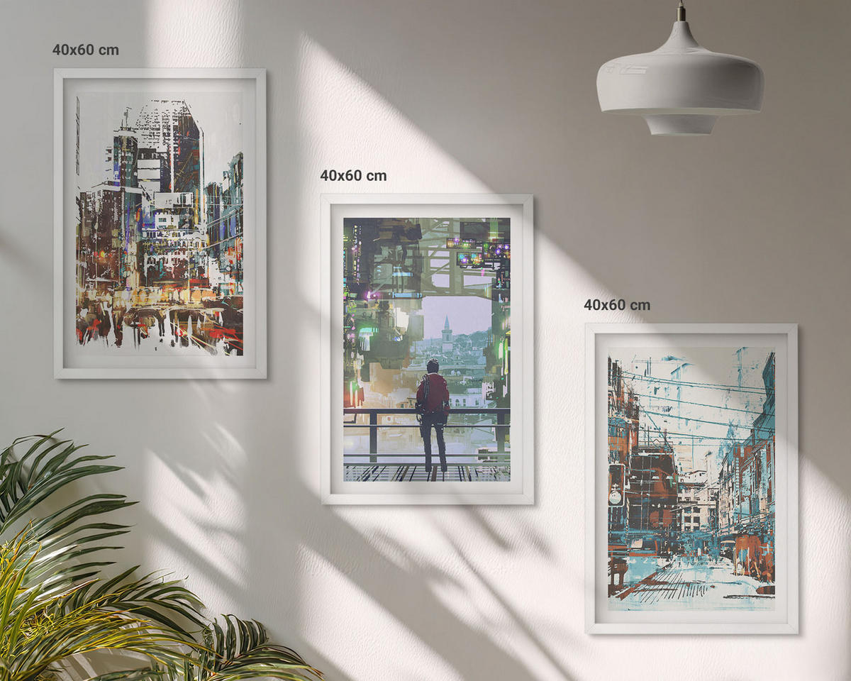 WANDBILDER 3er-Set - 40x60 cm Weißer Rahmen - Moderne Städte, bunte Charaktere - Weiß, Kunststoff (40/60cm) - ArtPrintCave