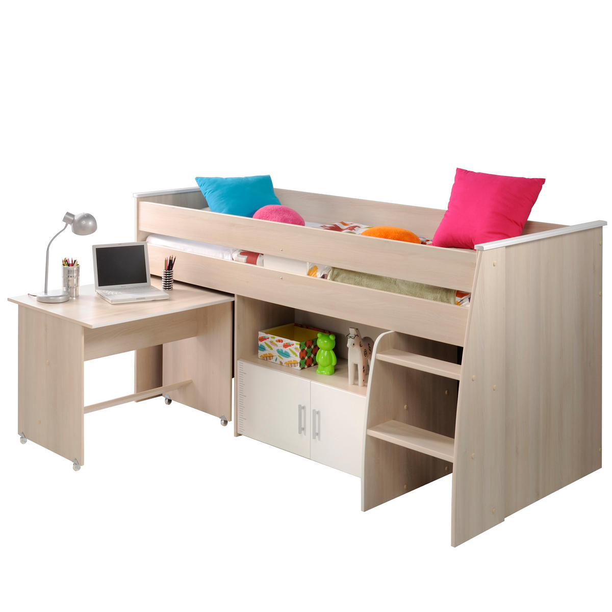 HOCHBETT Jugendzimmer mit Schreibtisch ausziehbar Bett 90 x 200 - Silberfarben/Weiß, Holz/Kunststoff (90/200cm) - Parisot Meuble