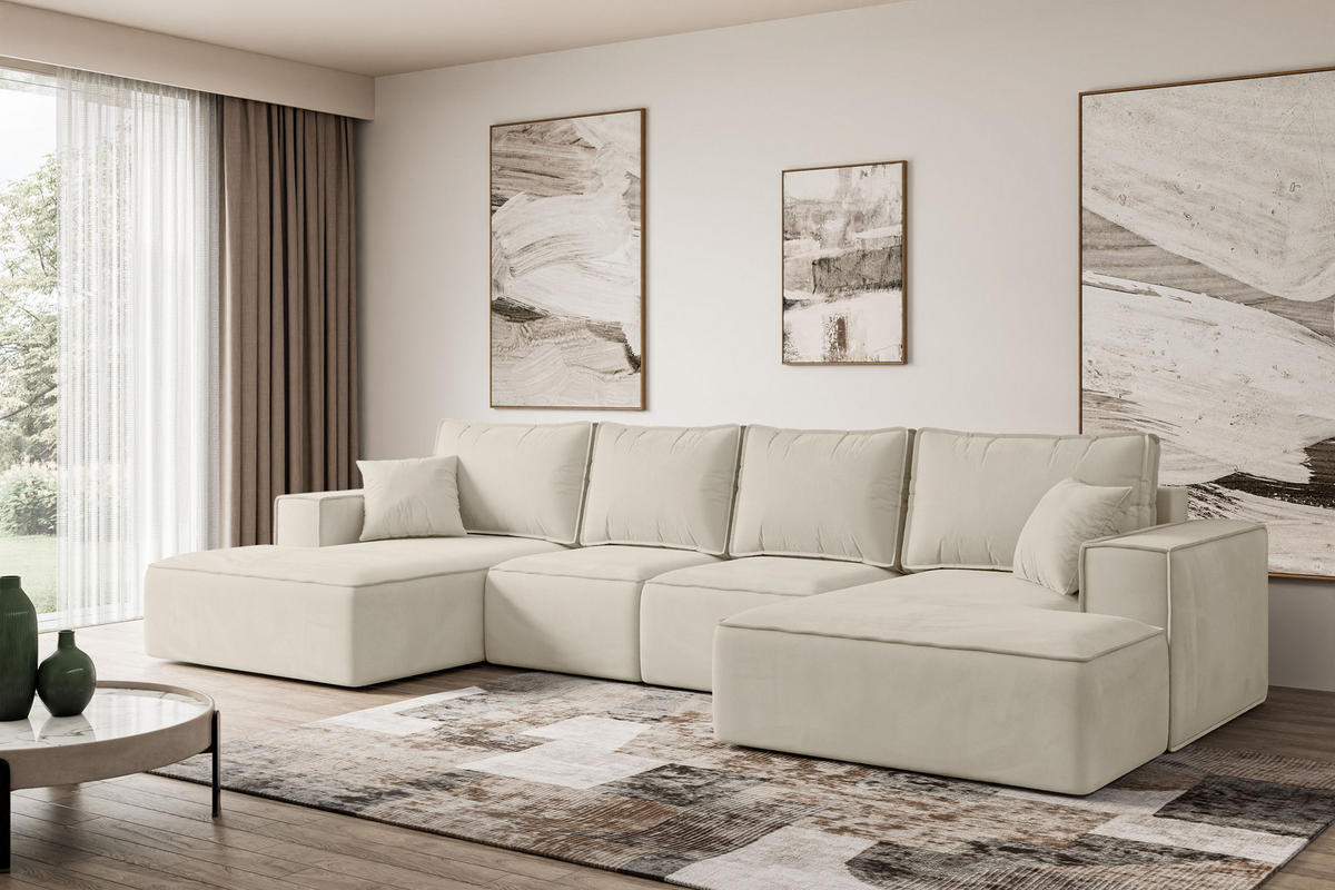 WOHNLANDSCHAFT mit Schlaffunktion und Bettkasten SIERRA-U-S - 349x161x87 cm Beige Velours - Beige/Schwarz, Holzwerkstoff/Kunststoff (349/87/161cm) - ALTDECOR