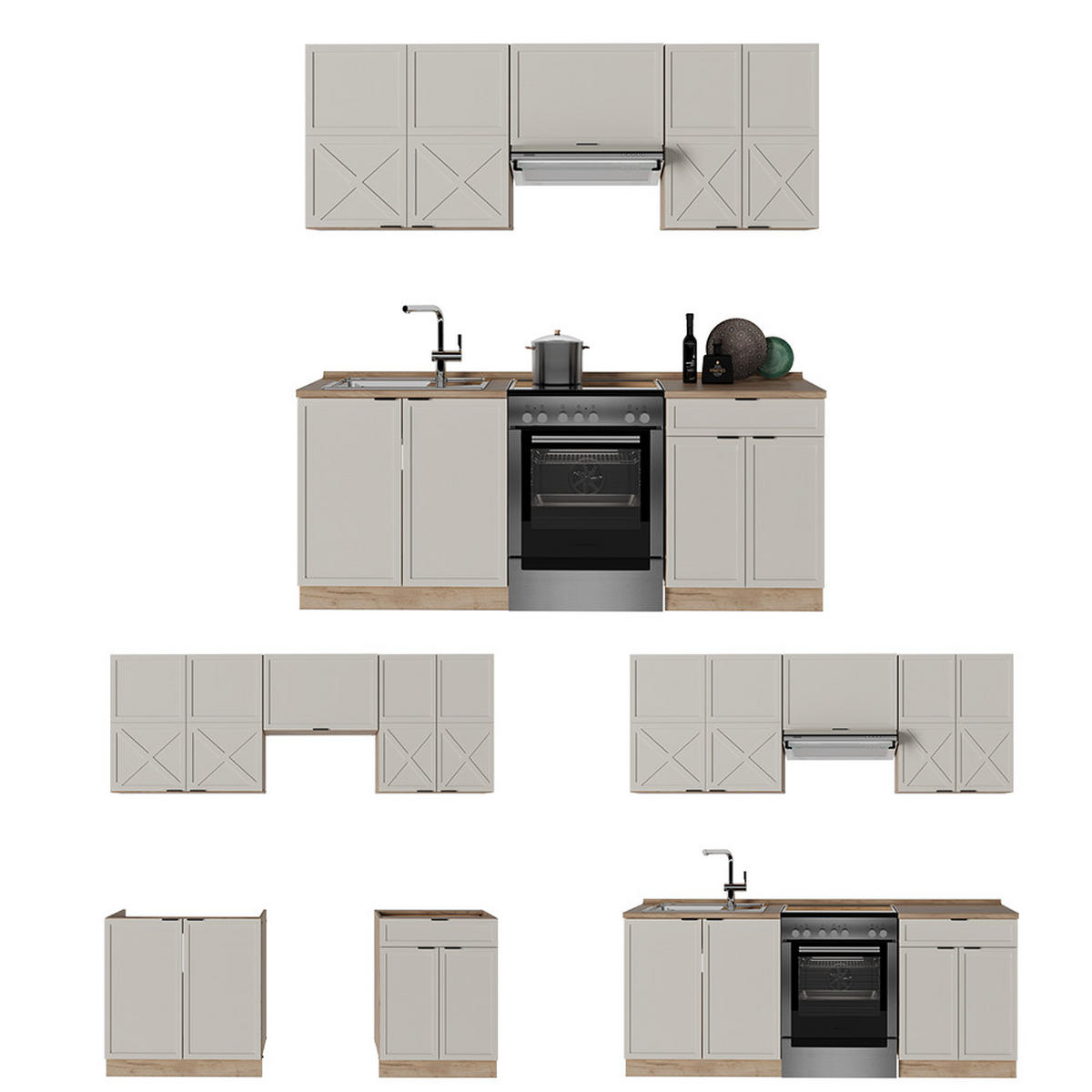 KÜCHENZEILE Fame-Line GrauBeige/Goldkraft Eiche 200 cm ohne AP - Honigeiche/Grau, Holzwerkstoff (200/81.6/46cm) - Vicco
