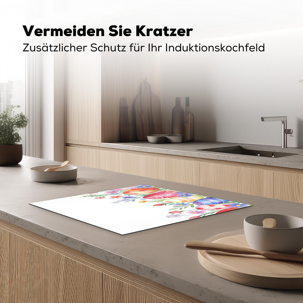 HERDABDECKPLATTE Blumengarten - Bunt - Eier Herdabdeckung Induktionsfeld 60x52 cm - Weiß, Kunststoff (60/52/0.2cm) - MuchoWow