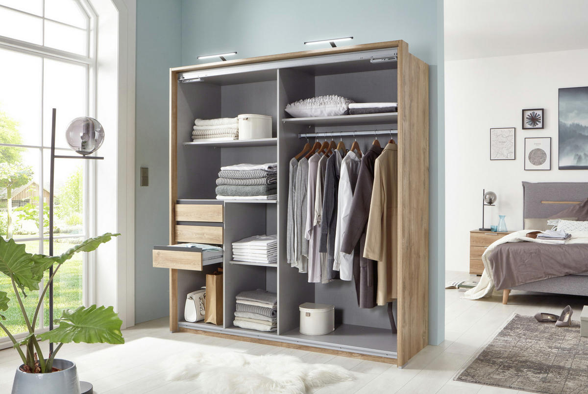 SCHWEBETÜRENSCHRANK Oldenburg in Artisan Eiche mit Spiegeltür und Grafitfront - Eiche Artisan/Braun, Holzwerkstoff (180/198/65cm)