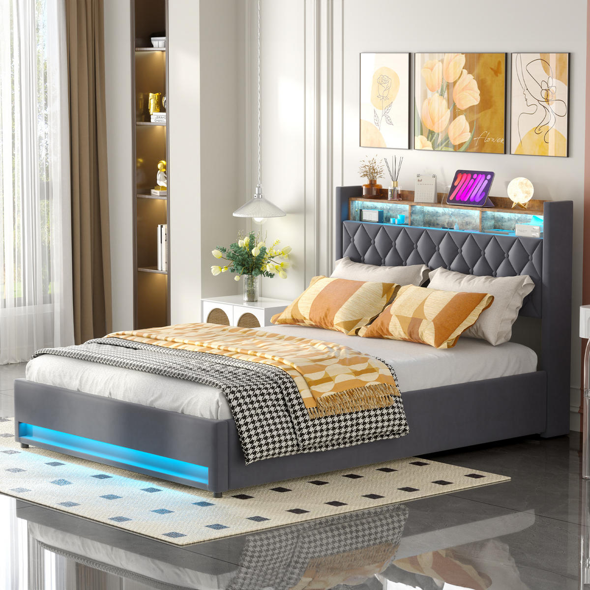 POLSTERBETT 160/200 cm Grau mit LED-Lichtleiste und USB-Anschlüssen - Grau, Holzwerkstoff (160/200cm) - OKWISH