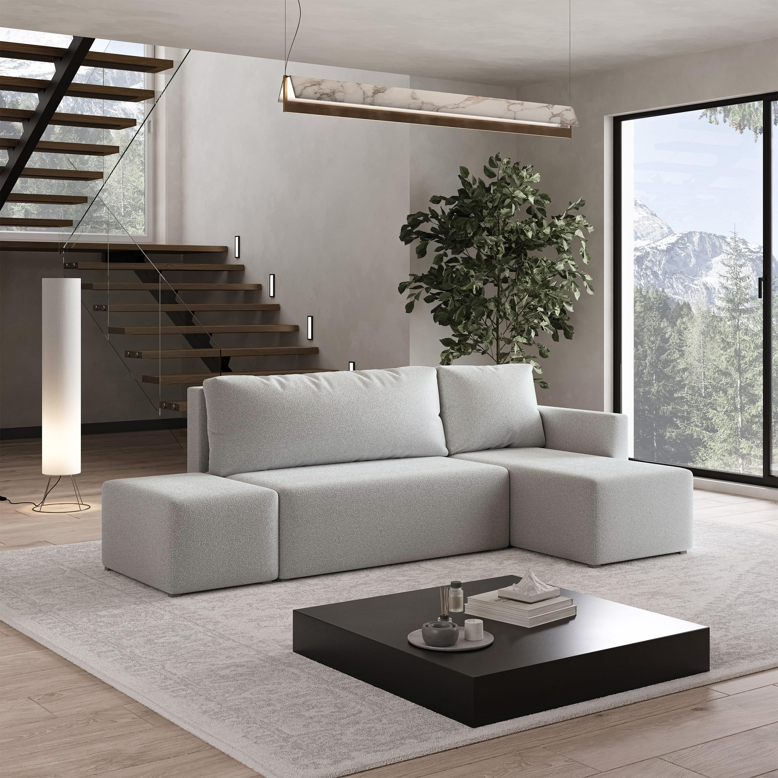 ECKSOFA VELOTTI R-S Hellgrau Boucle-Stoff mit Schlaffunktion - Hellgrau, Holz (261/143cm) - MASSENO