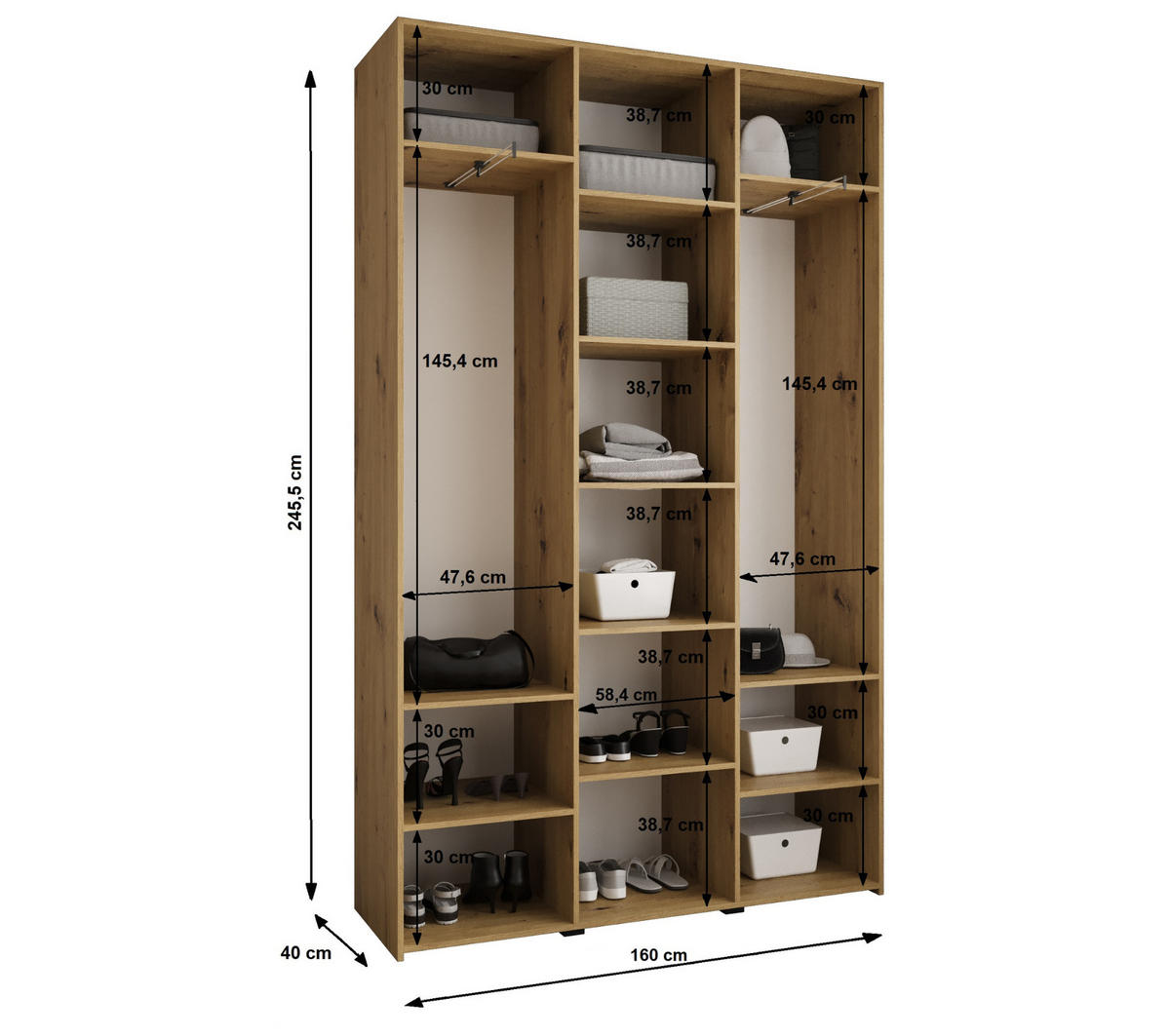 DREHTÜRENSCHRANK 245,5/160/40 3-türig - Kaschmir/Schwarz, Holz/Metall (160/245.5/40cm) - Abiks Möbel