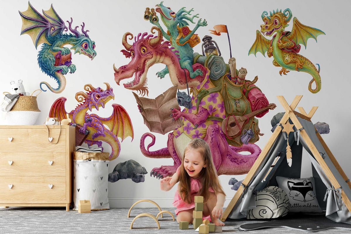 WANDAUFKLEBER 80x107cm - Drachen-Märchenfamilie - Multicolor, Kunststoff (80/107/0.1cm) - Wallfluent