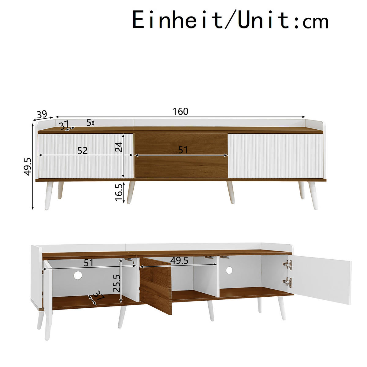 TV-SCHRANK 160/39/49,5 cm Weiß und Natur MDF mit 3 Türen und stabilem Holzfuß - Weiß, Holzwerkstoff (160/49.5/39cm) - OKWISH