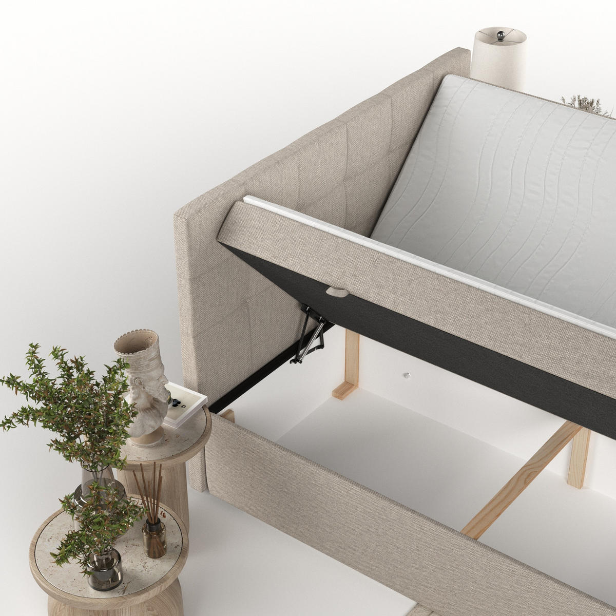 BOXBETT Lean 160/200 cm Hellbeige im Megan Stoff - Sandfarben/Schwarz, Holz/Holzwerkstoff (160/200cm) - AltaBeds