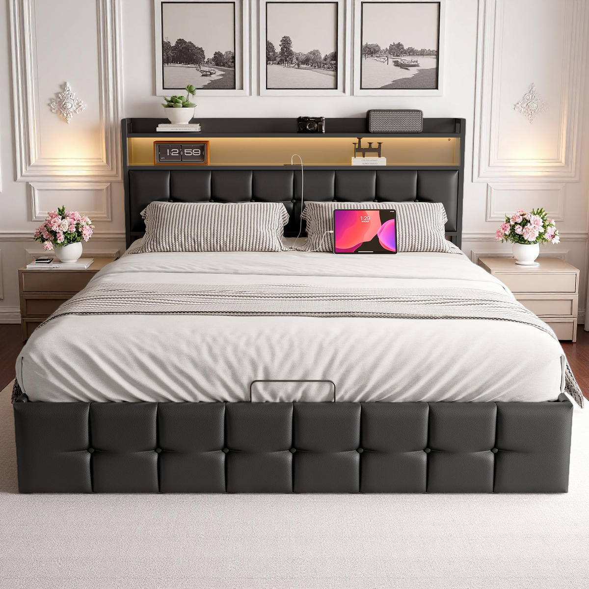 POLSTERBETT 140x190 cm LED Kopfteil Lattenrost PU Leder schwarz - Schwarz, Holz (140/190cm) - LEBENLANG