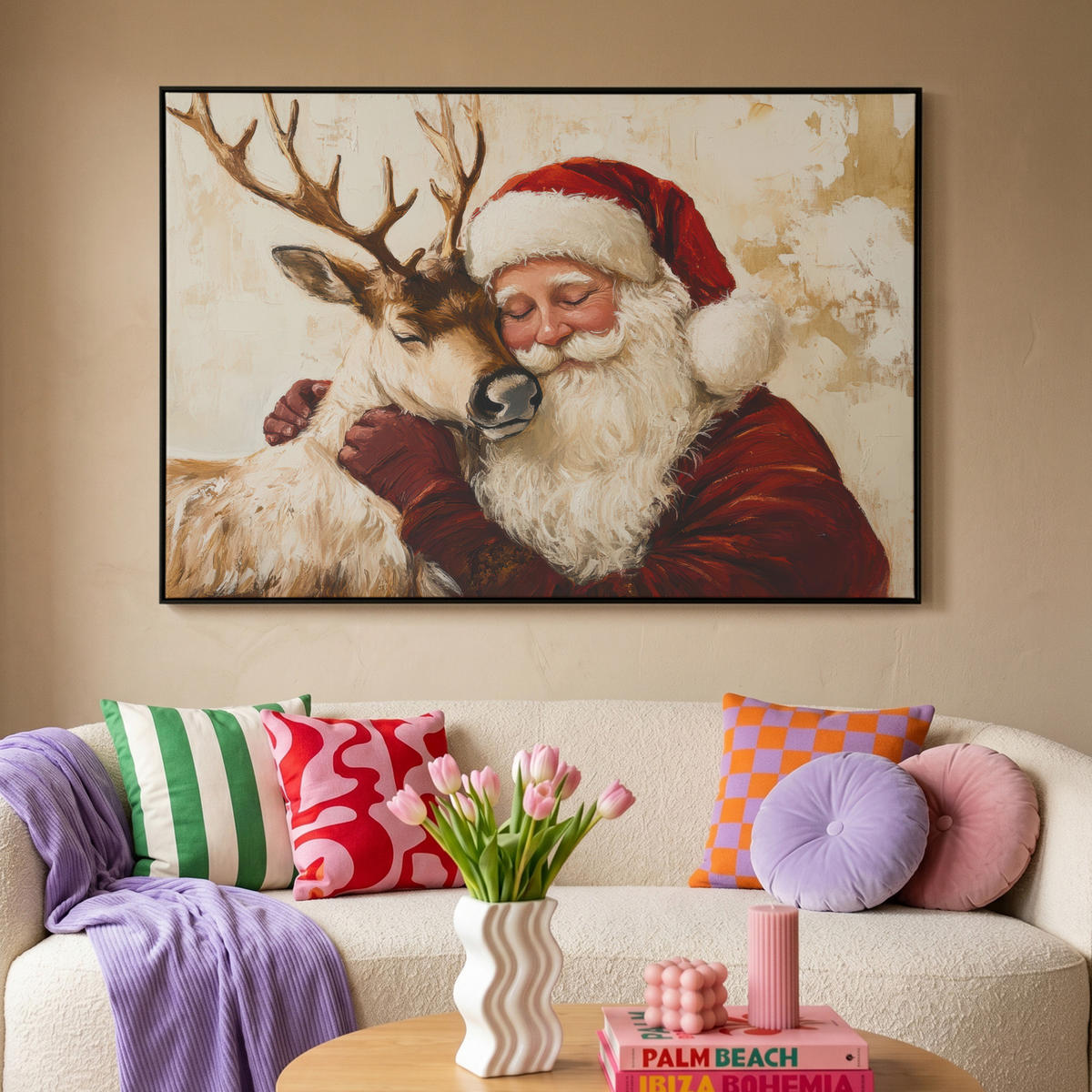 LEINWAND Bilder mit Rahmen - Weihnachtsmann - Rentier - Weihnachten - 140x90 - Rotbraun, Textil (140/90cm) - MuchoWow