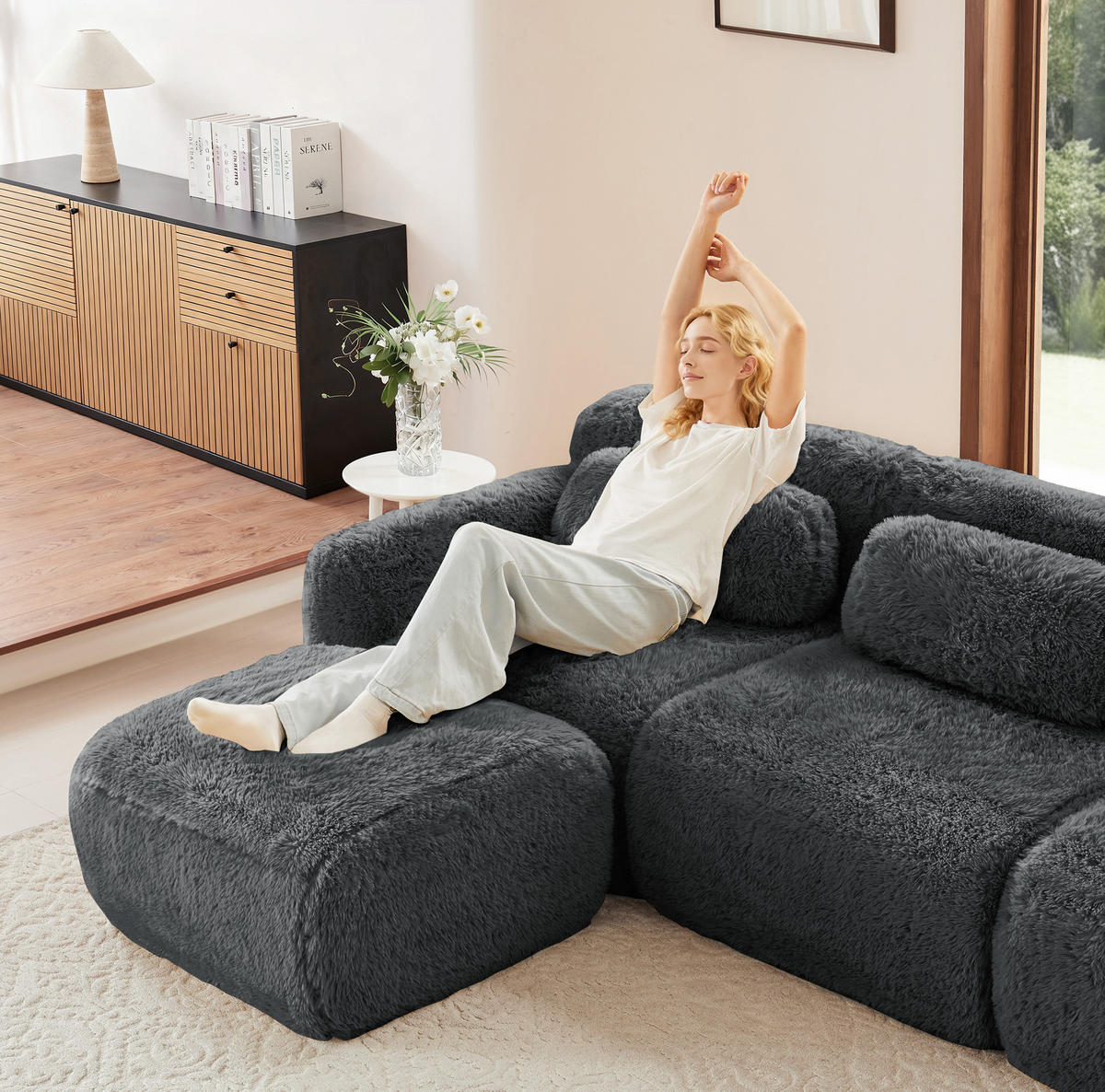 SOFA modular aus Plüsch Grey - Grau, Kunststoff (104/73/291cm) - Meubliv