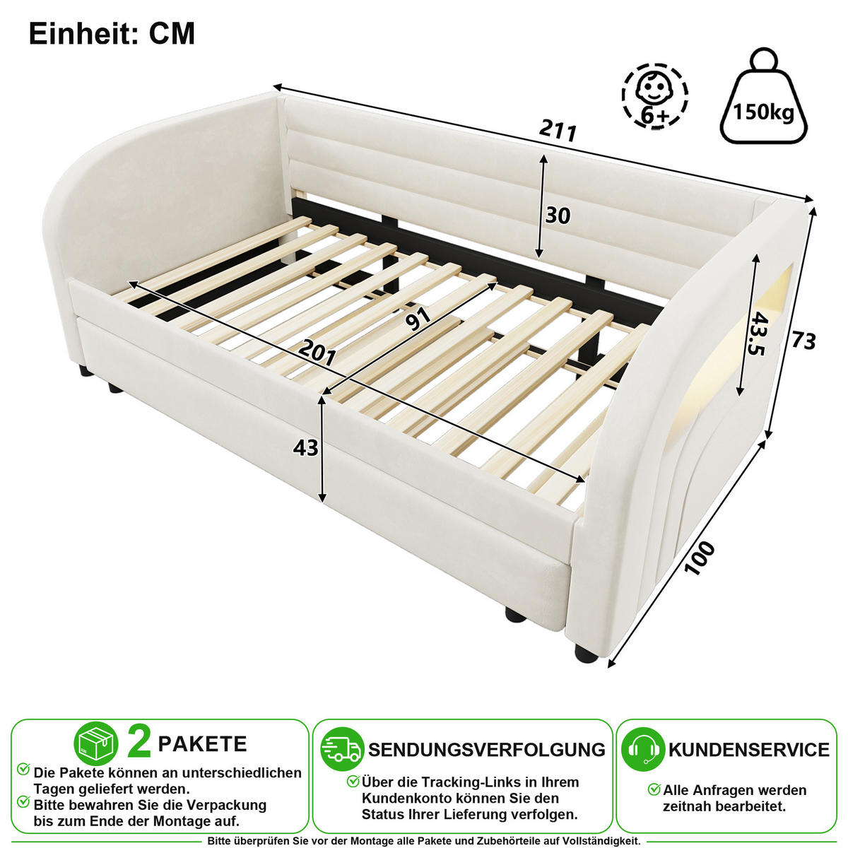 ČALOUNĚNÁ POSTEL 90/200 cm v béžové barvě s výsuvným lůžkem a LED - béžová, kov/kompozitní dřevo (90/200cm) - CHICFURN