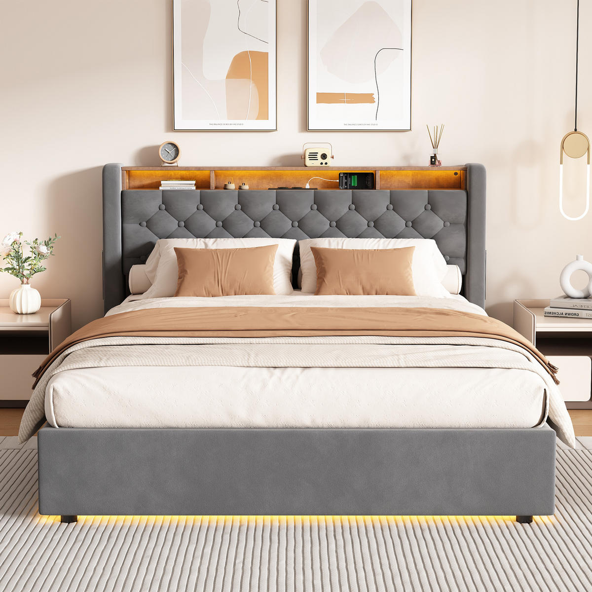 POLSTERBETT 140/200 cm mit hydraulischem Bettkasten, Schubladen, Klappbares Kopfteil, LED-Beleuchtung, Grau - Grau, Textil (140/200cm) - Redom