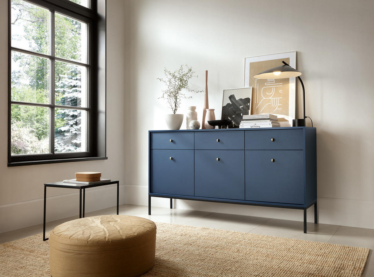 KOMMODE 154 cm mit Schubladen Monti, 3 Türen, Marineblau + Schwarz - Schwarz/Dunkelblau, Holz/Metall (154/83/39cm) - Emporius