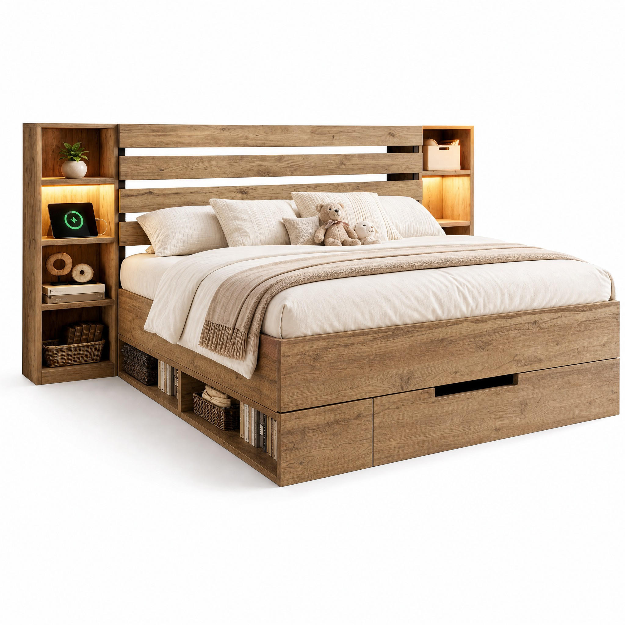 BETTANLAGE 160/200 cm in Eiche mit 2 Schubladen, LED, USB und Type-C Holz-Design - Eichefarben, Holzwerkstoff/Metall (160/200cm) - STILVORA