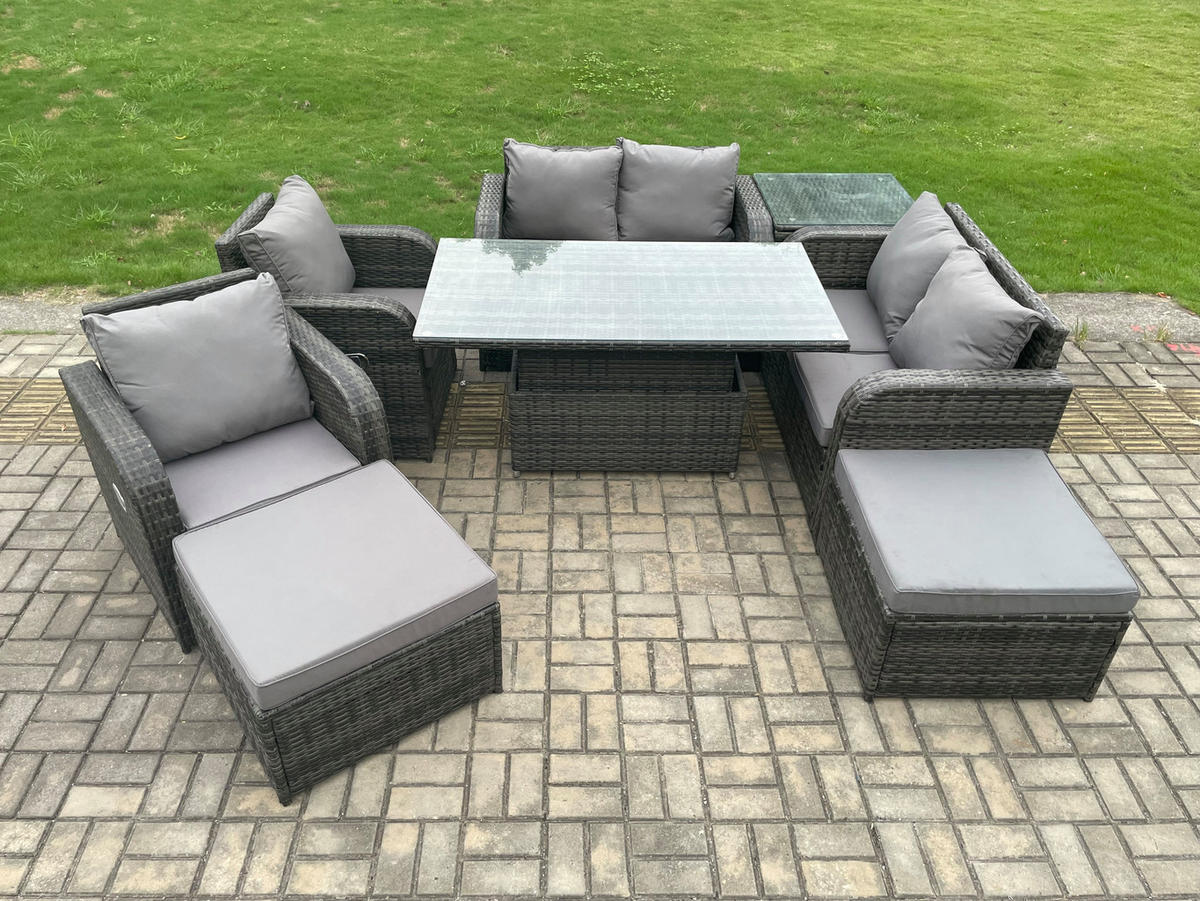 GARTENSOFA SET Polyrattan Dunkelgrau 8-Sitzer - Dunkelgrau/Grau, Metall - Fimous