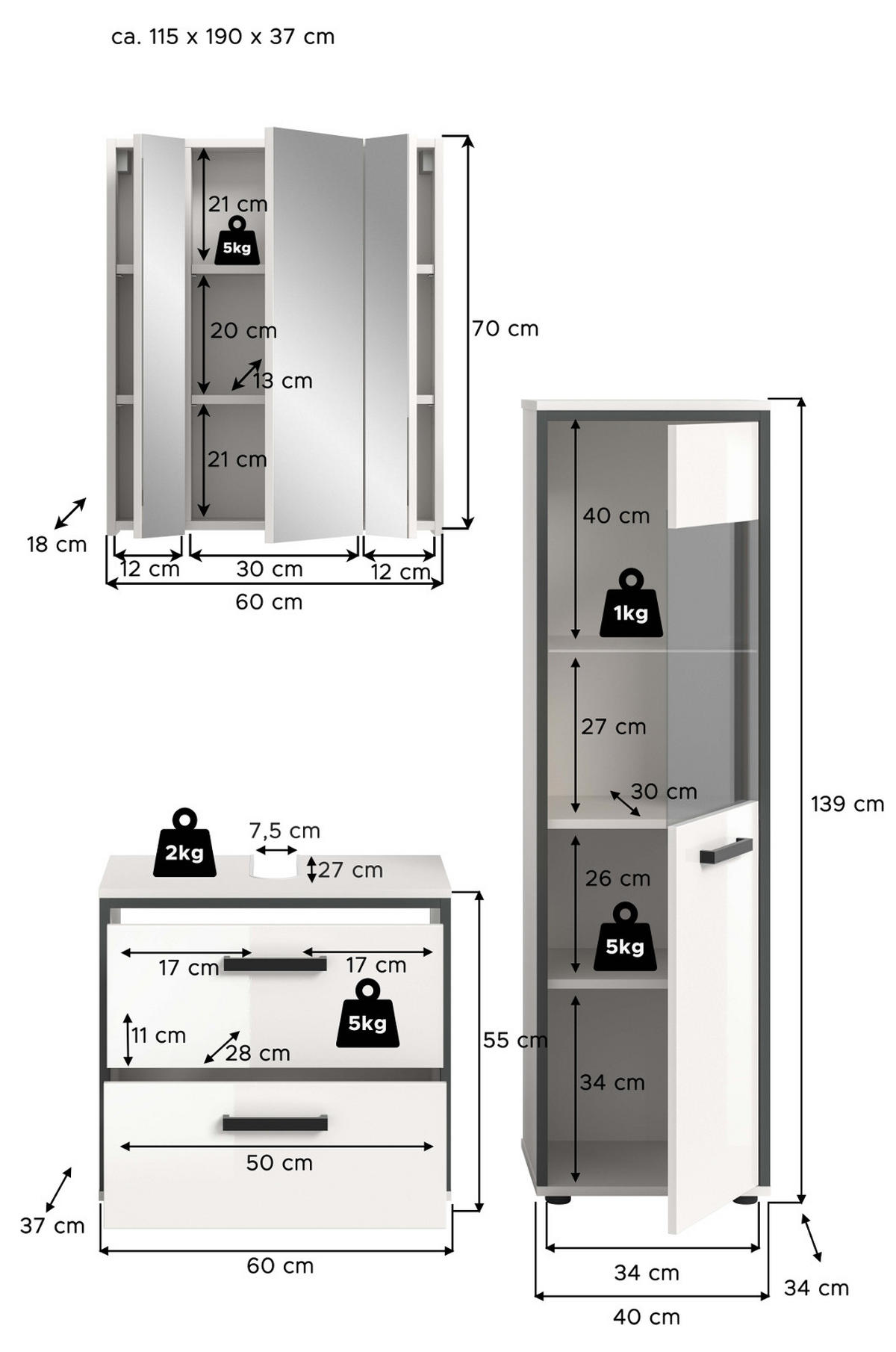 BADMÖBEL-SET 3-teilig weiß Hochglanz, grau, Badkombination 115 x 190 cm - Weiß Hochglanz/Schwarz, Glas/Holzwerkstoff (115/190/37.5cm) - Inn.Furn