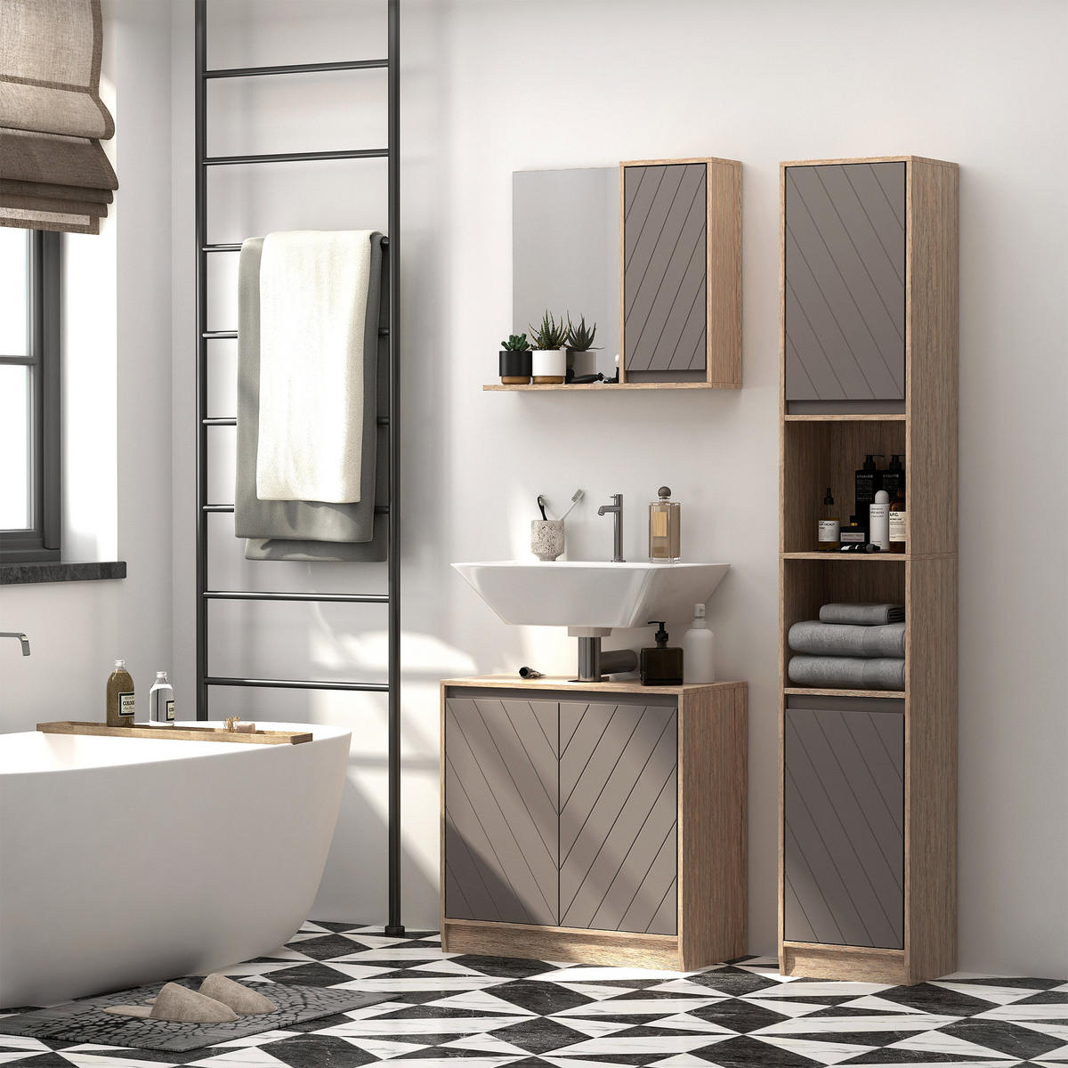 SPIEGELSCHRANK Grauer und eichenfarbener Badezimmer-Wandschrank, 57 x 14,2 x 49,2 cm - Grau, Glas (57/49.2/14.2cm) - Vallsero