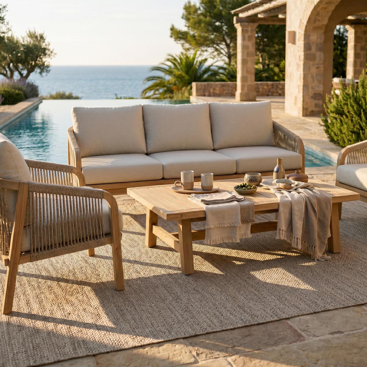 GARTENLOUNGE SANYA 4er Set beige, natur - Beige, Holz/Textil - IDIMEX