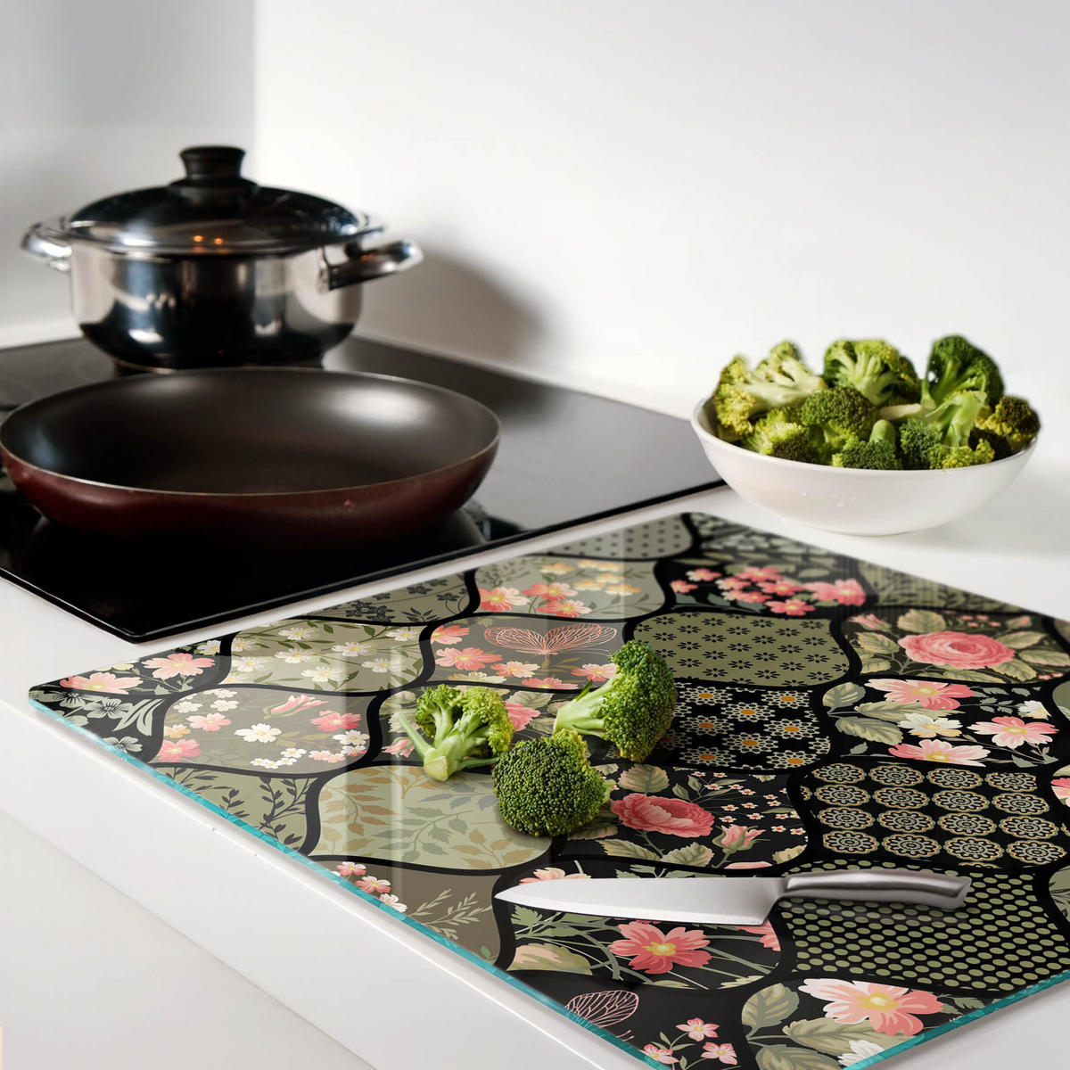 GLASPLATTE 60x52 cm Blumenmuster - Grün, Glas (60/0.4/52cm) - TULUP