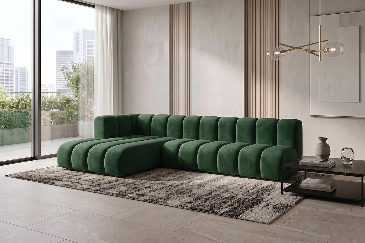 ECKSOFA Modulares In L-Form, Velvet-Stoff Riviera, Grün, Links, GRAND 295 cm - Grün, Holz (295/179cm) - Kaiser Möbel