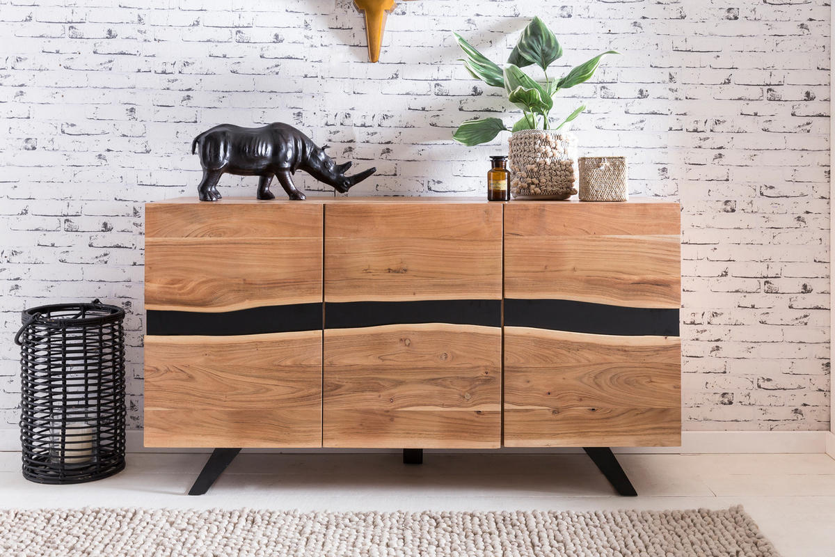 SIDEBOARD – Akazie Massivholz, 148x85x43 cm, Baumkante, Landhausstil, breit - Schwarz/Braun, Akazienholz/Holz (148/85/43cm) - KADIMA DESIGN