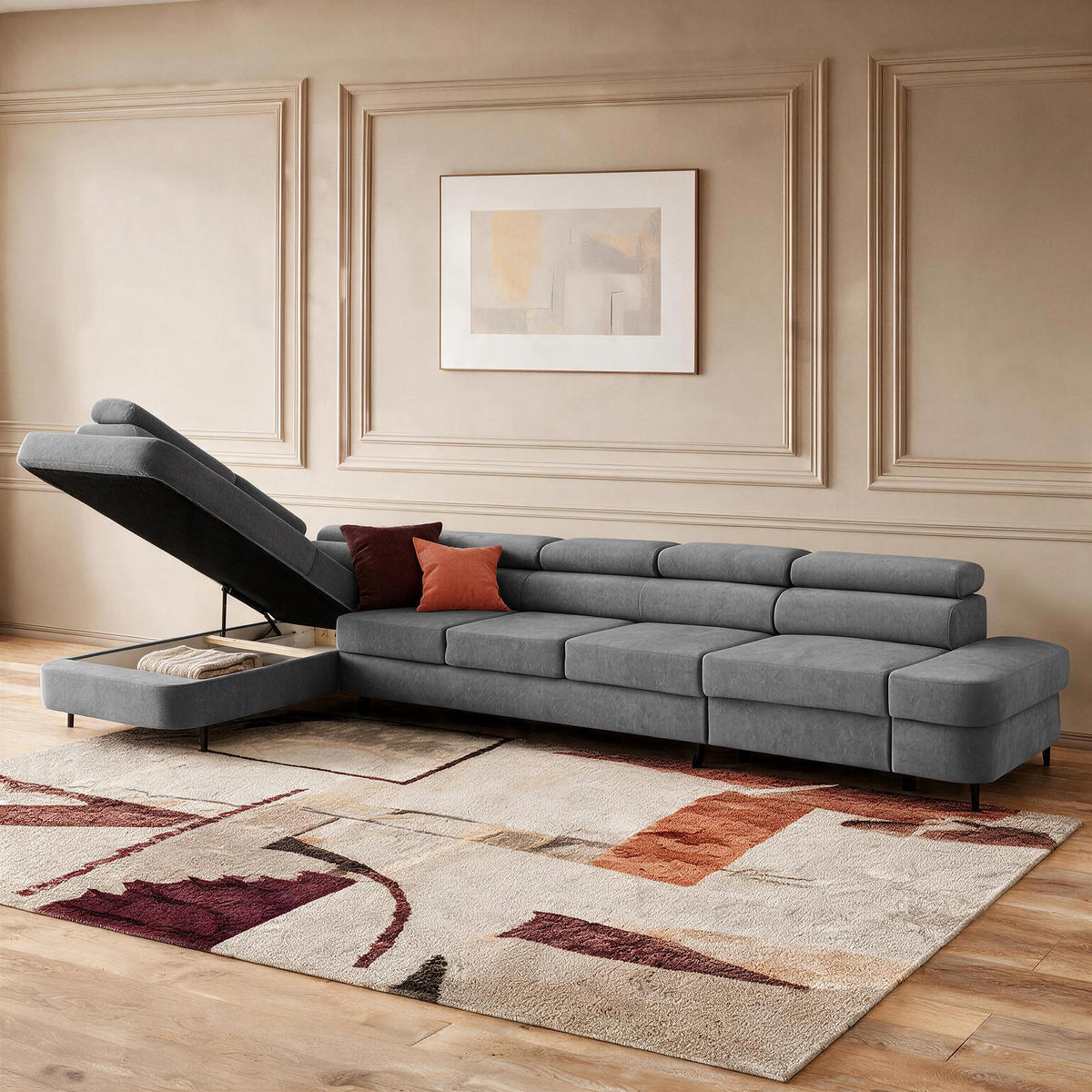 ECKSOFA PRIAM XXL L-Form Links mit Schlaffunktion 125x265 Velours Grau - Schwarz/Grau, Holz/Textil (203/420cm) - Muffo