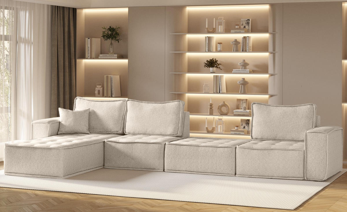BOHOO modulare Ecke XL Hellbeige Links - Ecru, Holz (192/382cm) - Kaiser Möbel