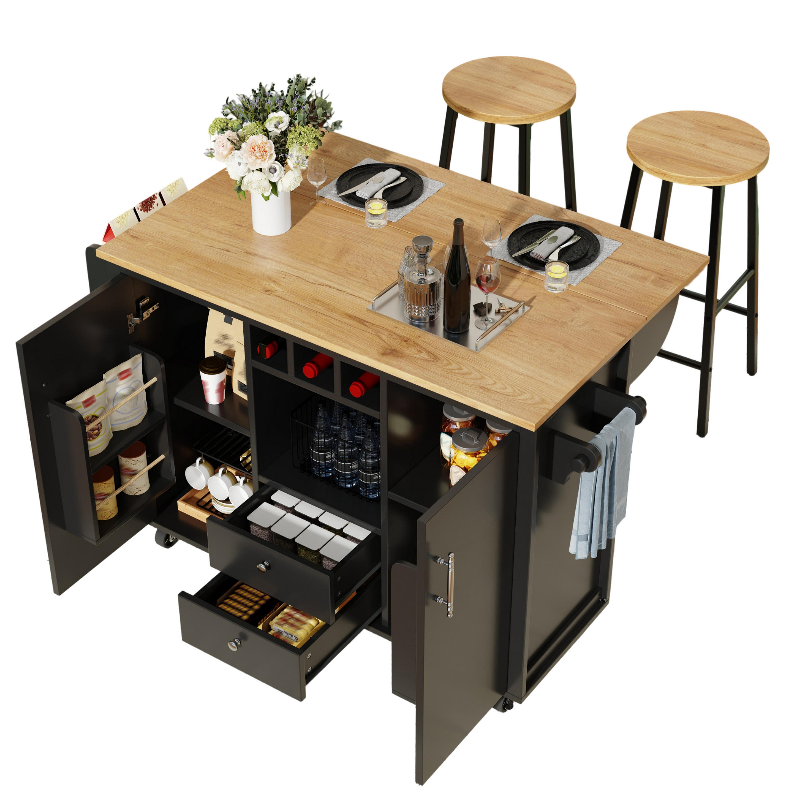 SERVIERWAGEN DE-39258 mit 2 Barhockern Schwarz - Schwarz, Holzwerkstoff (137.9/92/45cm) - ComfortXL