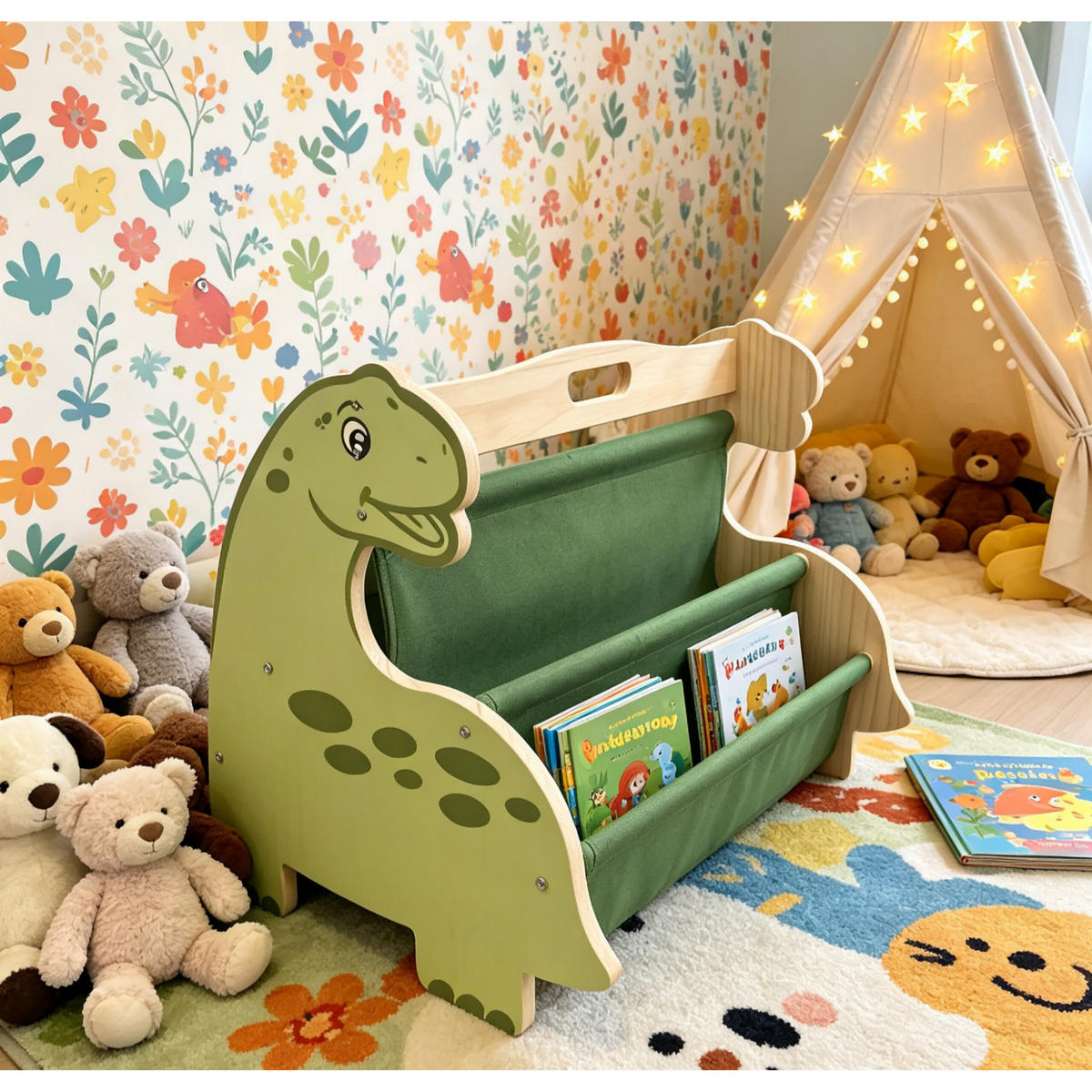KINDERBÜCHERREGAL Weiß Natur 4 Stofffächer Dino - Multicolor, Holz/Textil (44/34/31cm) - Relaxdays