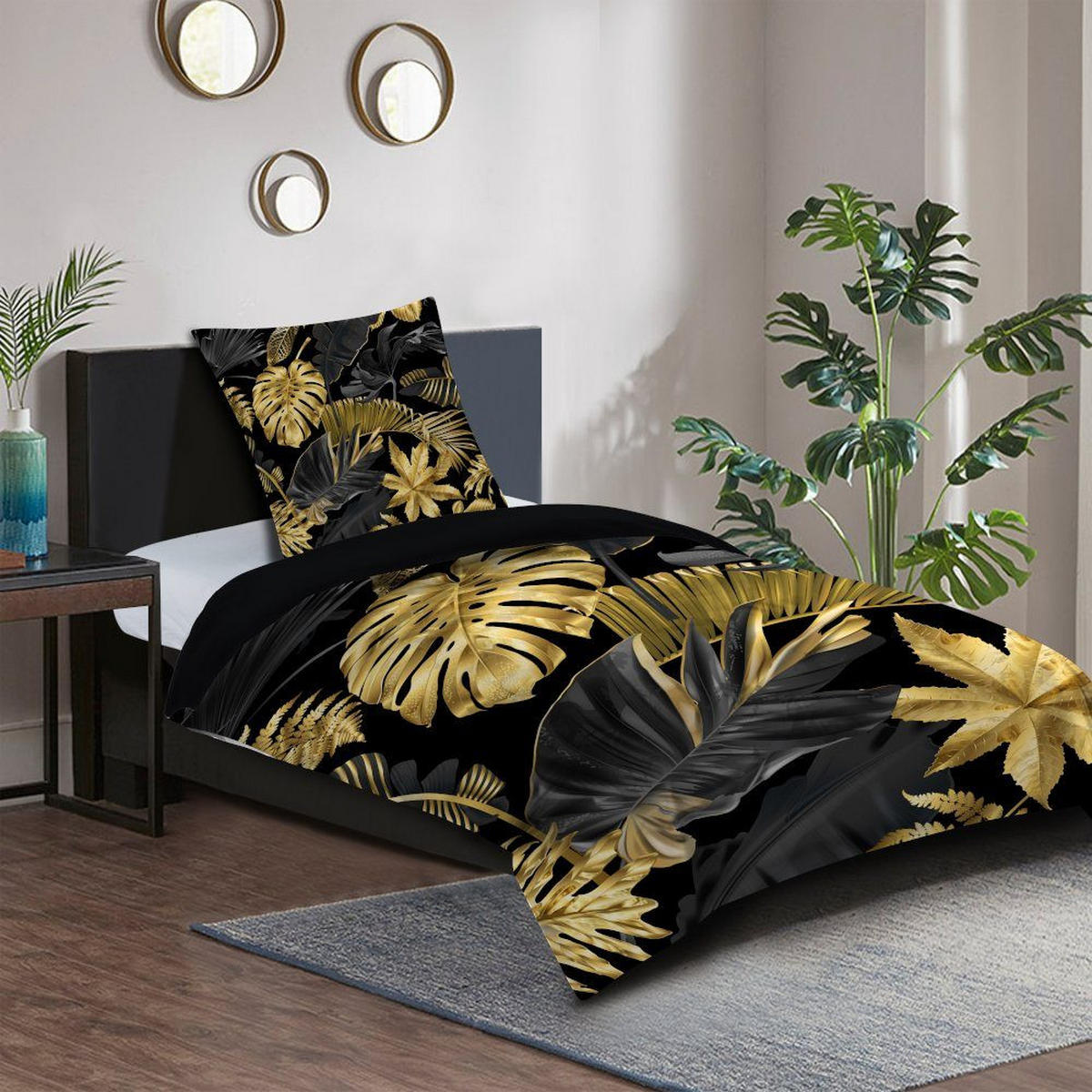 BETTWÄSCHE 4-teilig Floral - Schwarz, Naturmaterialien (135/200cm) - Sanilo