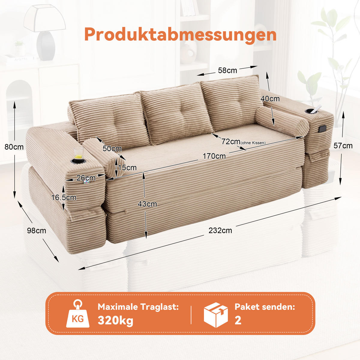 SCHLAFSOFA, 2-in-1 Klappsofa mit Getränkehalter, Modulares Bodensofa Cordstoff, Khaki - Hellbraun, Textil (232/80/98cm) - LVHOM