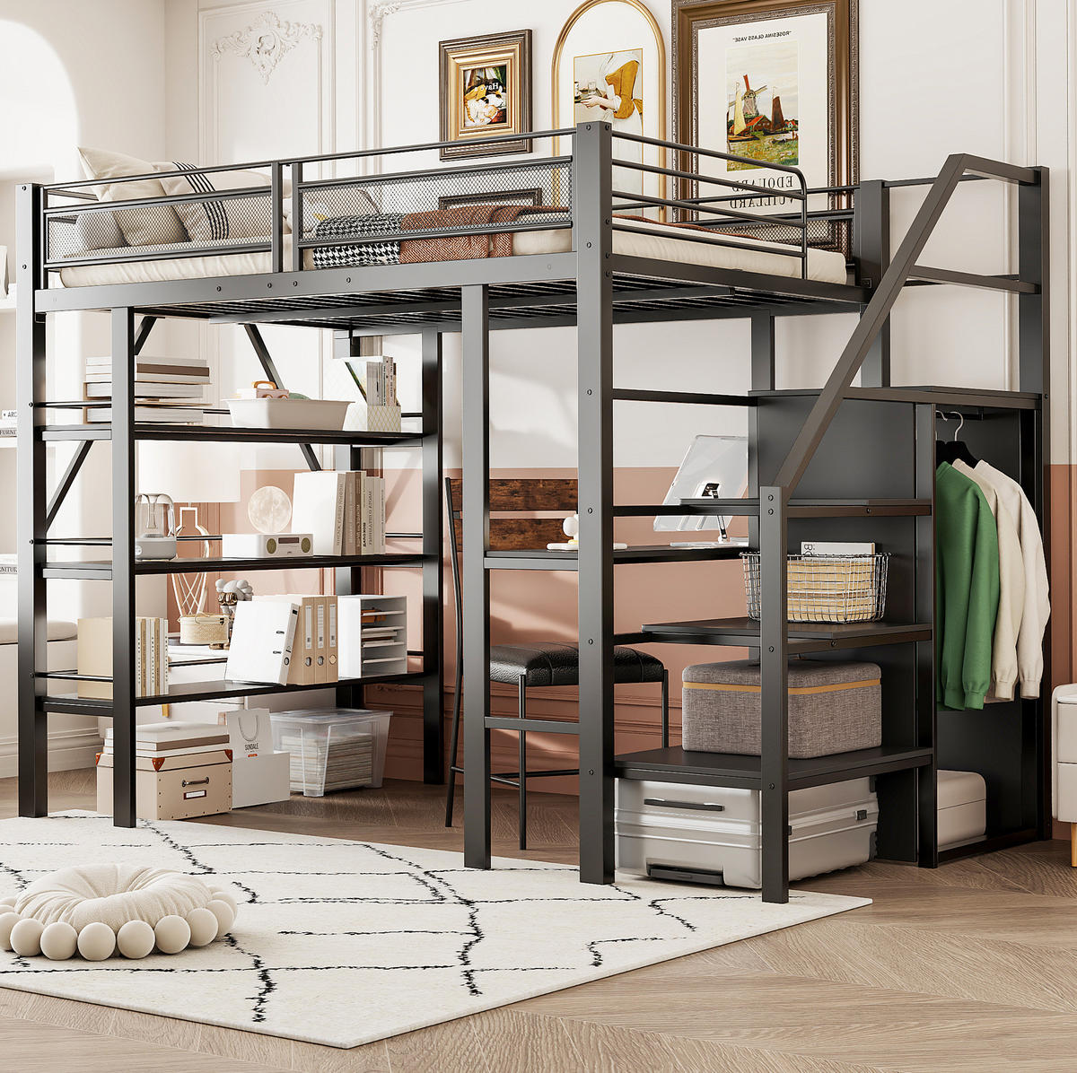 HOCHBETT 140/200 cm in Schwarz mit Schreibtisch, Regal und Kleiderschrank - Schwarz, Metall (140/200cm) - Flora Grace