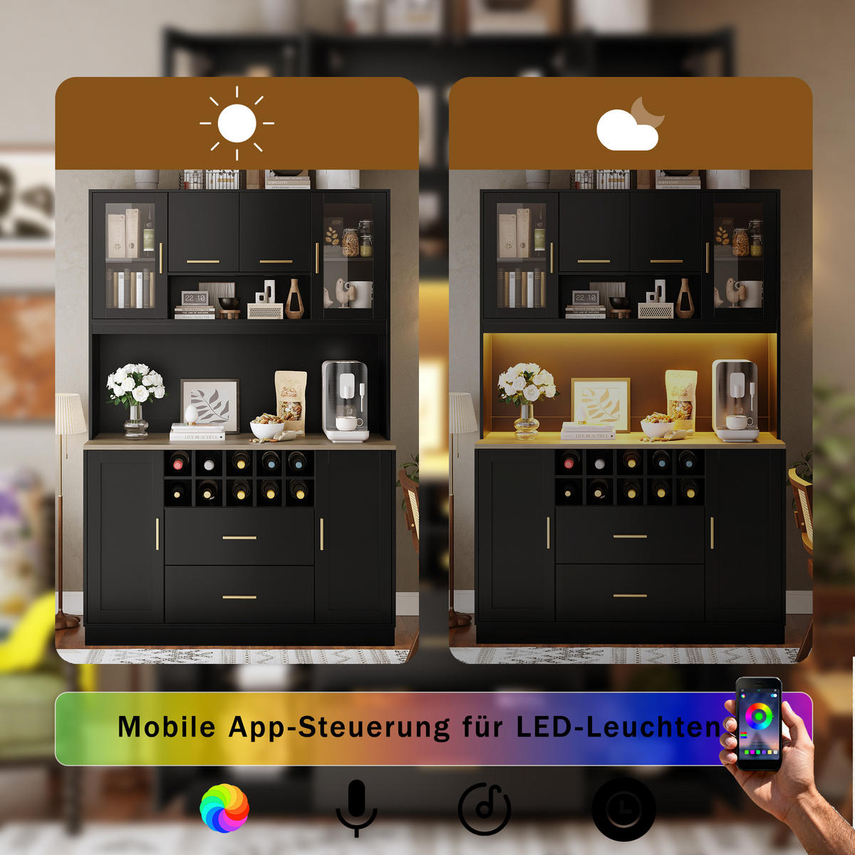 BUFFETSCHRANK Kombi Schwarz 120/36.3/180 cm - Schwarz, Holz (120/180/36.3cm) - PANGIVO