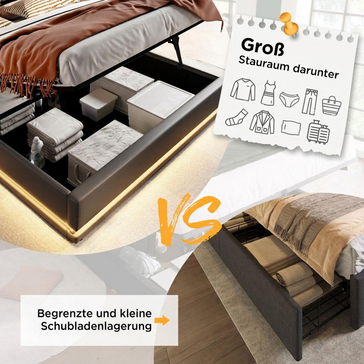 POLSTERBETT 140/200 cm Grau mit USB Typ-C Ladefunktion und 3-seitige LED-Funktion - Grau, Textil (140/200cm) - Oxeza