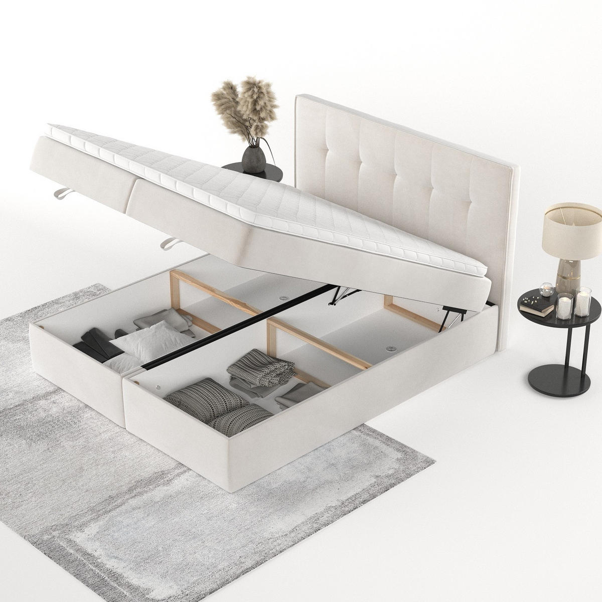 BOXBETT Tivra 160/200 cm Creme im Paros Stoff - Creme/Schwarz, Holz/Holzwerkstoff (160/200cm) - AltaBeds