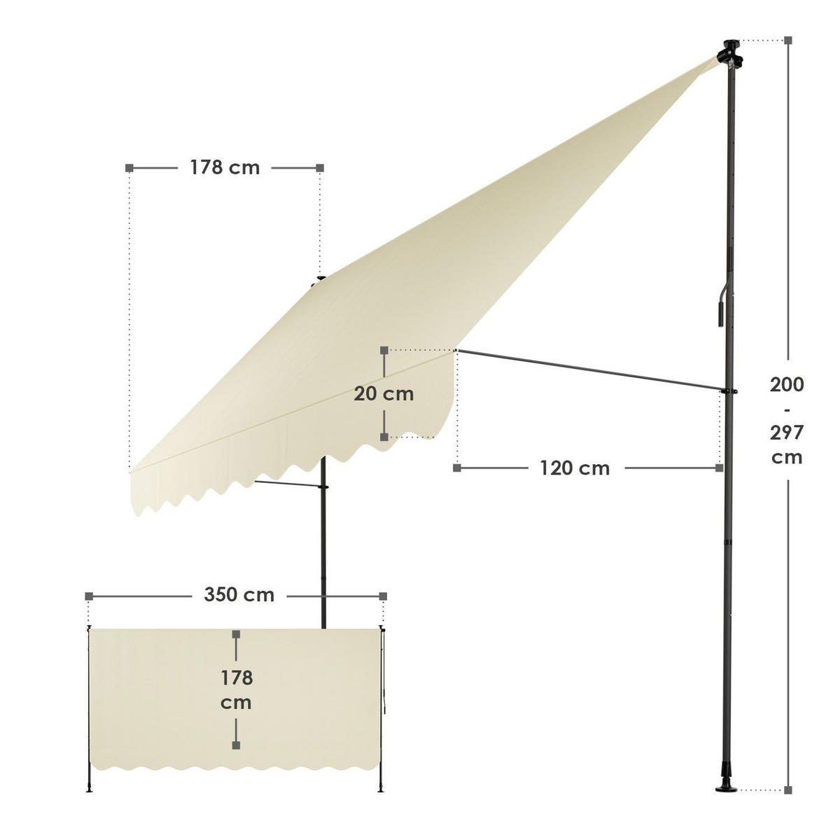 KLEMMMARKISE Kapstadt beige 350x120 cm - Beige, Textil (350/200/120cm) - Juskys