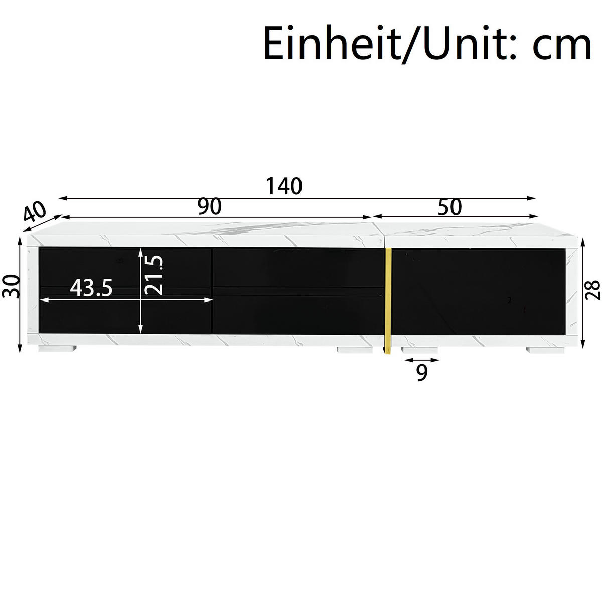 TV Lowboard ausziehbar 140-260 cm, drehbar, Marmoroptik Schwarz - Schwarz, Holz (140/30/40cm)