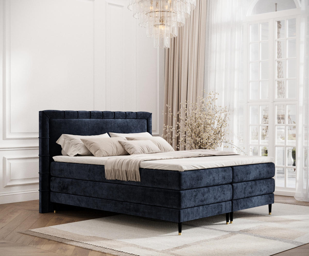 BOXSPRINGBETT Rimini Marineblau 140/200 cm mit Matratze und Topper - Schwarz/Dunkelblau, Holz/Holzwerkstoff (140/200cm) - Maison de Reve