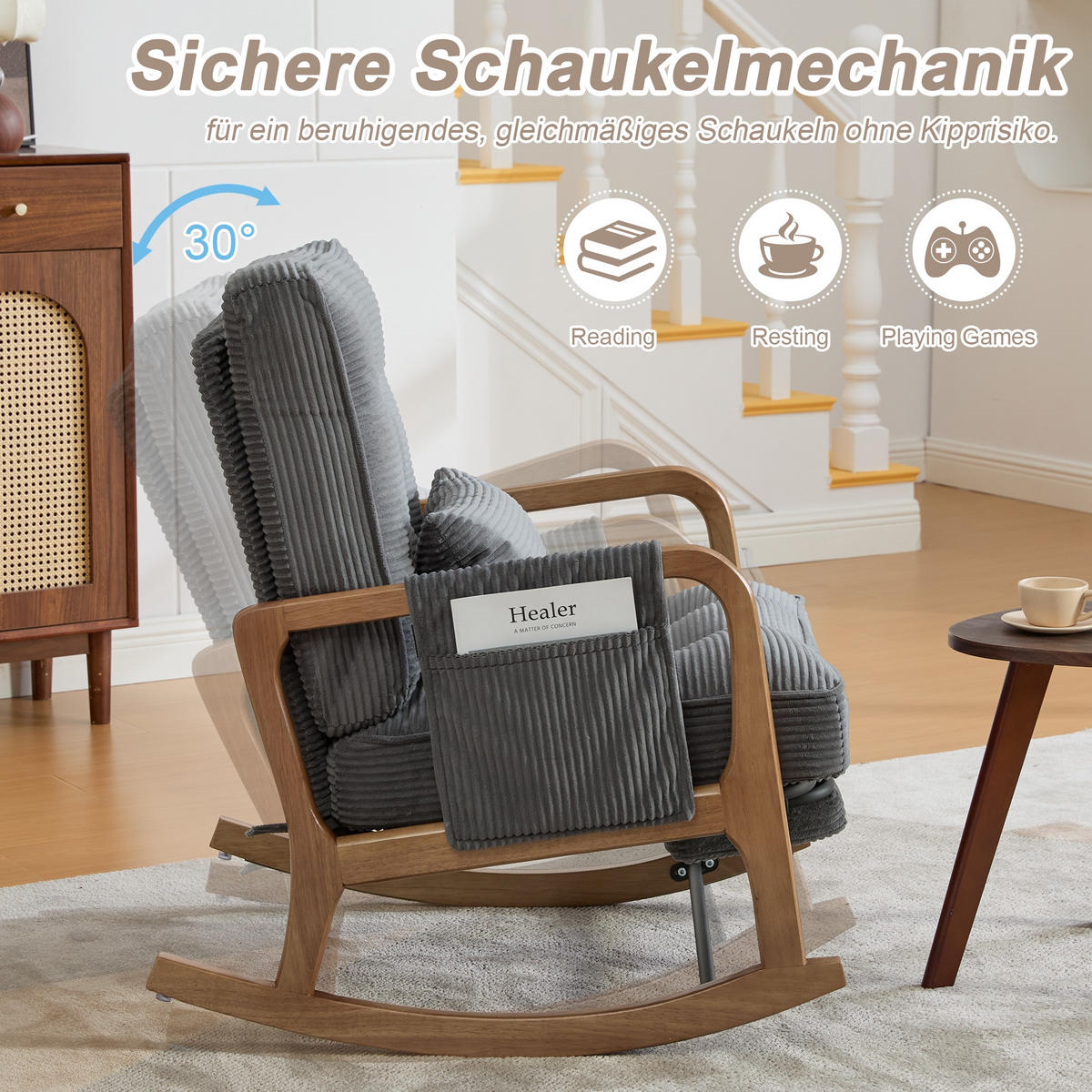 SCHAUKELSTUHL Grau Cord mit Fußstütze, Seitentaschen und verstellbarer Lehne - Grau, Textil (80/92/70cm) - Oxeza