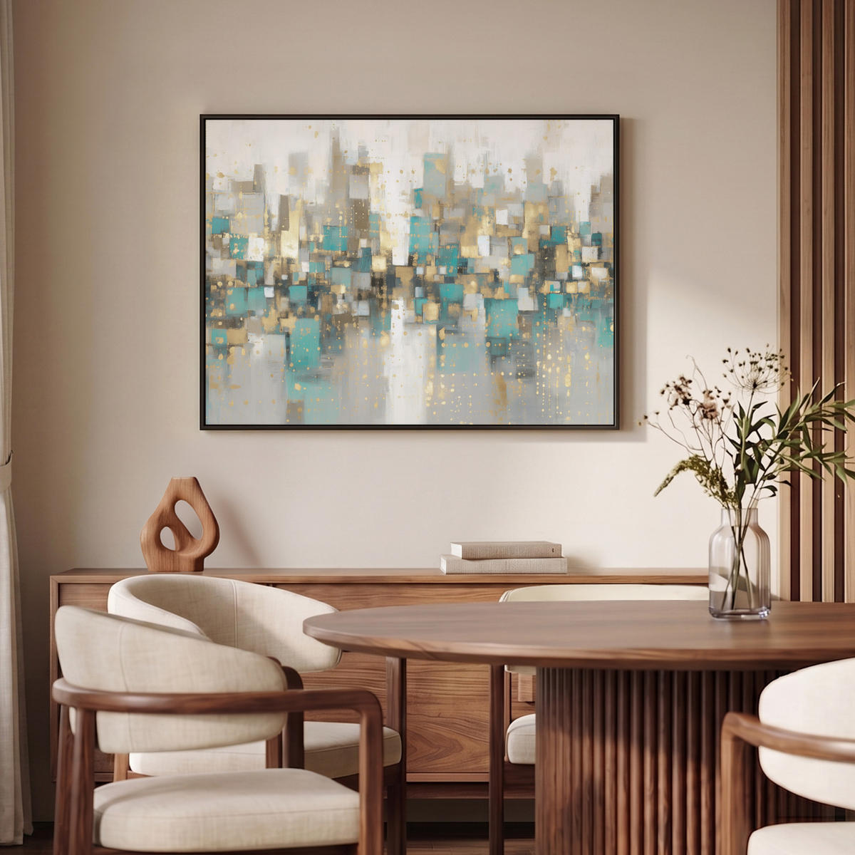 LEINWAND Bilder mit Rahmen - Abstrakt - Blöcke - Gold - Skyline - 100x70 - Beige, Textil (100/70cm) - MuchoWow