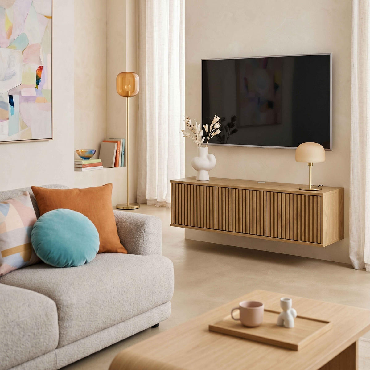 TV-SCHRANK, helles Holz - Beige, Holz (120/30/30cm) - Oviala