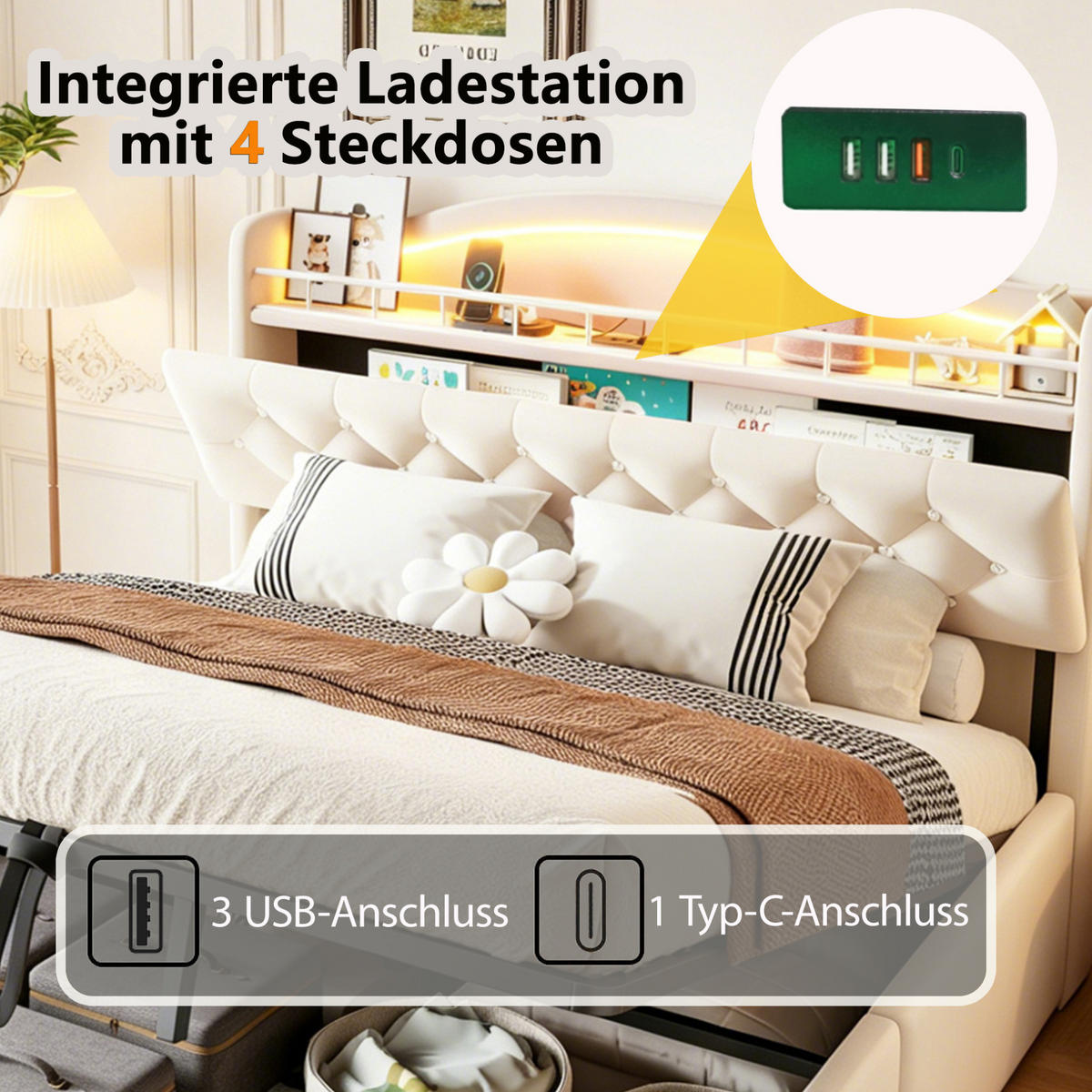 POLSTERBETT 140x200 cm in Beige mit hydraulischem Bettkasten, LED und USB-C - Beige, Textil (140/200cm) - IVMEU