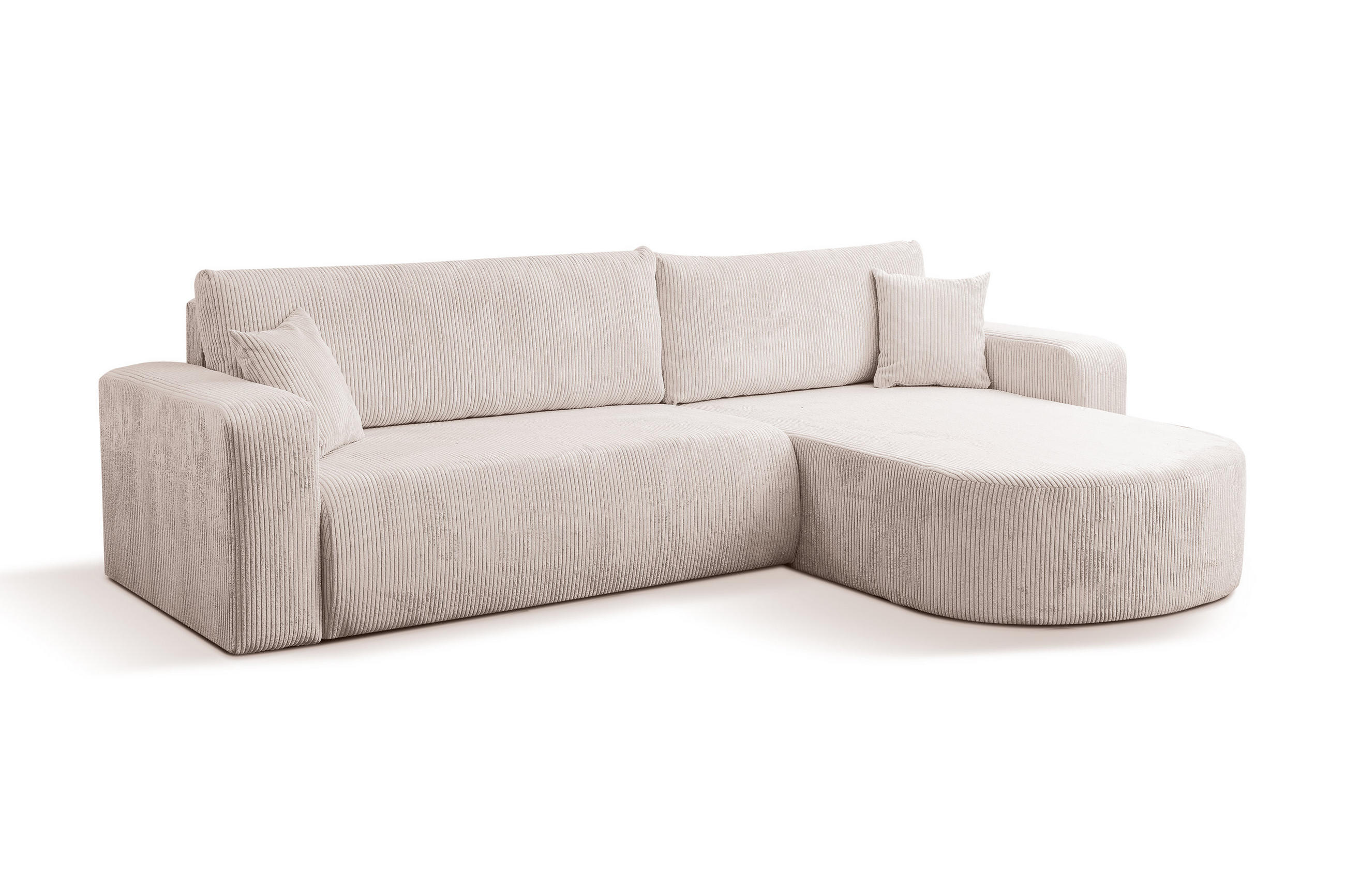 ECKSOFA TOKIO mit Schlaffunktion und Bettkasten, Farbe: Beige, Cordstoff, Ottomane Universal - Beige, Textil (275/170cm)