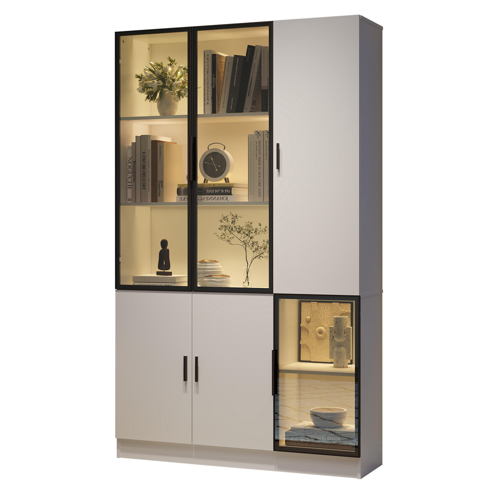 HIGHBOARDNSCHRANK 120/35/200 cm in Weiß mit LED-Beleuchtung und 3 Glastüren - Weiß, Holzwerkstoff (120/200/35cm) - Flora Grace