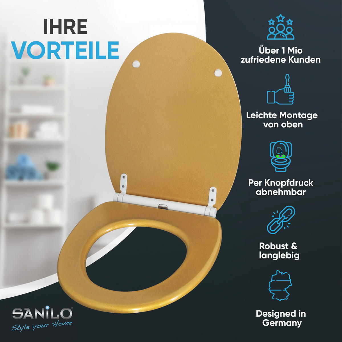 WC-SITZ mit Absenkautomatik & Top Fix Glitzer Gold - Goldfarben, Holzwerkstoff (37.7/5.5/48cm) - Sanilo