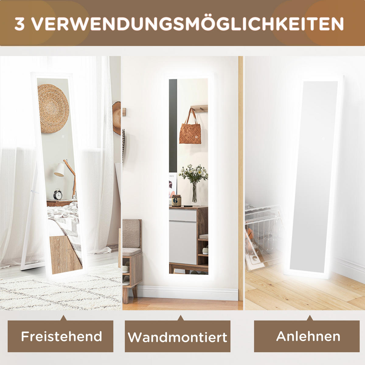 GANZKÖRPERSPIEGEL 40 x 160 cm Standspiegel mit LED Lichte, Weiß - Weiß, Glas (40/160/5cm) - HOMCOM