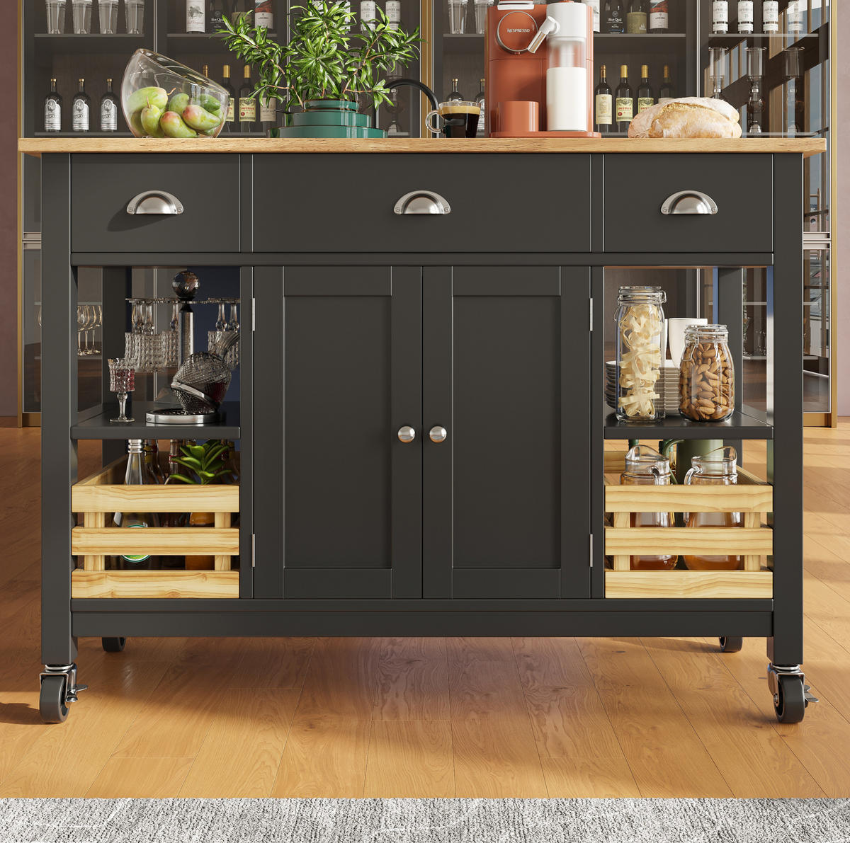 KÜCHENINSEL 120/45/90 cm aus MDF mit klappbarer Tischplatte und Rollen Schwarz/Natur - Schwarz, Holzwerkstoff (120/90/73cm) - Modenvie