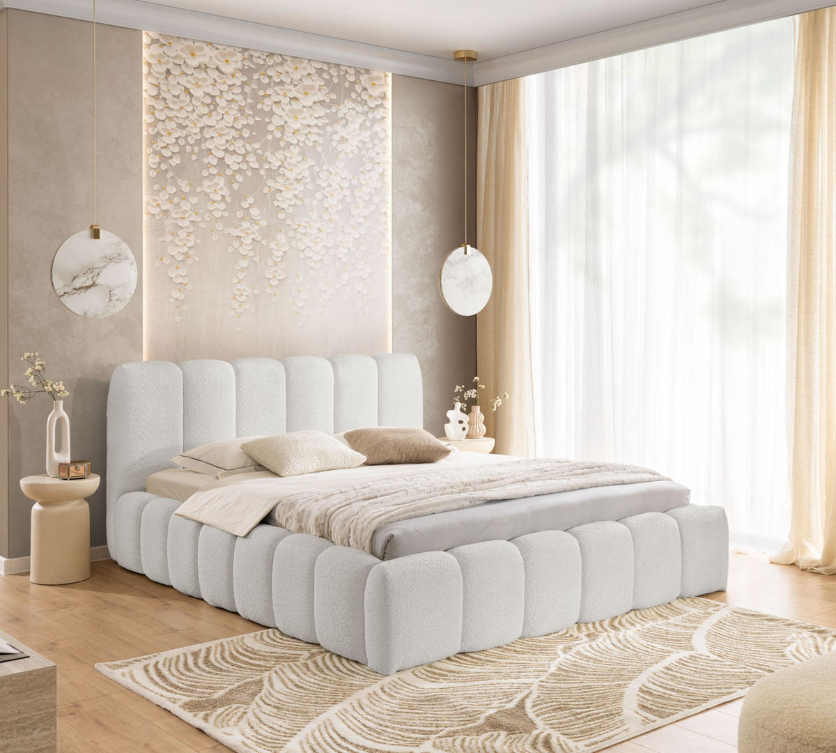 POLSTERBETT MIA mit Bettkasten 180x200,Bubble Bett,Doppelbett mit Stauraum,Lattenrost,Boxspringbett-Optik,ohne Matratze-Hellgrau - Hellgrau, Holz (180/200cm) - Furnistar